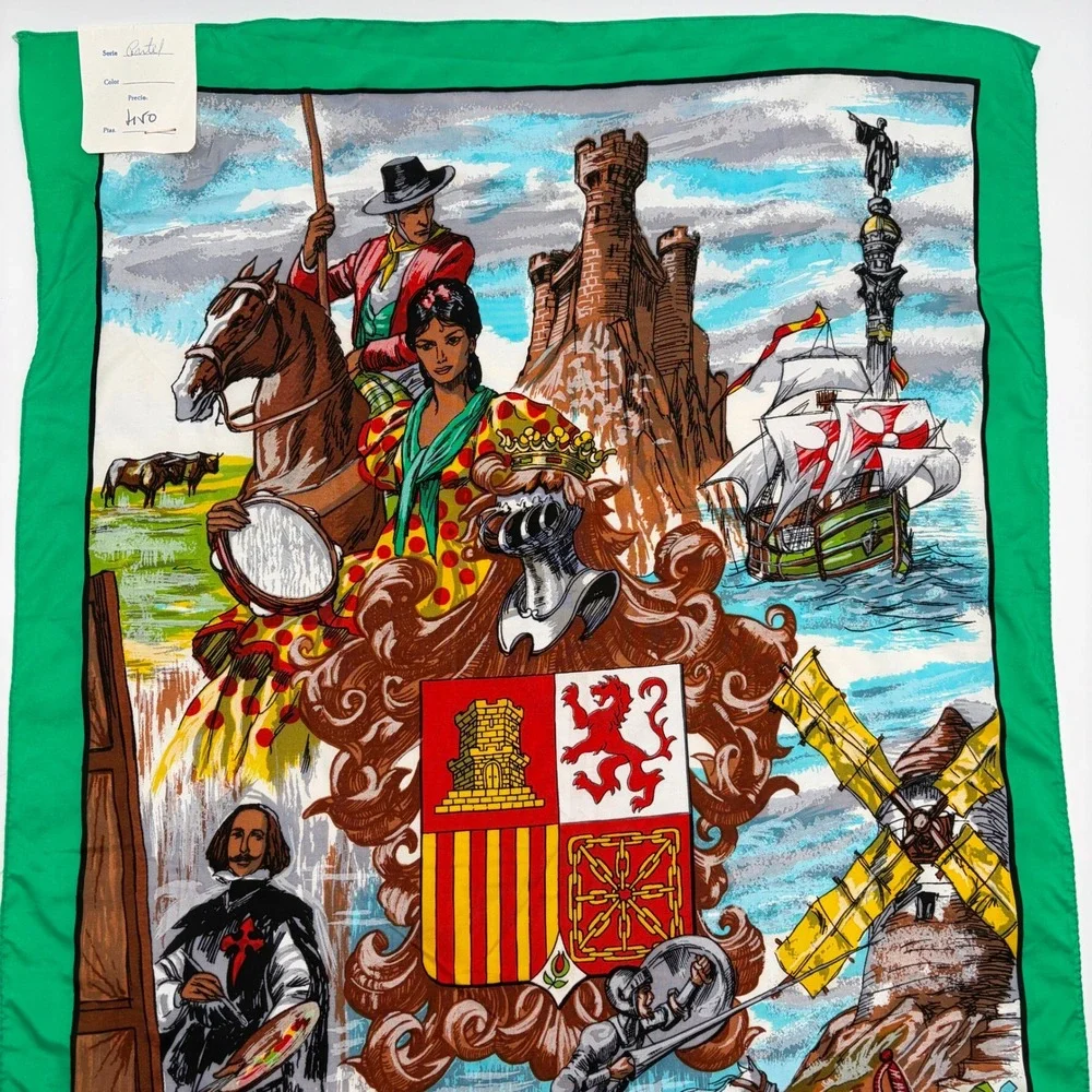 Vintage Artesania Textil España Spain Souvenir Scarf Green Border 28x17.5 New